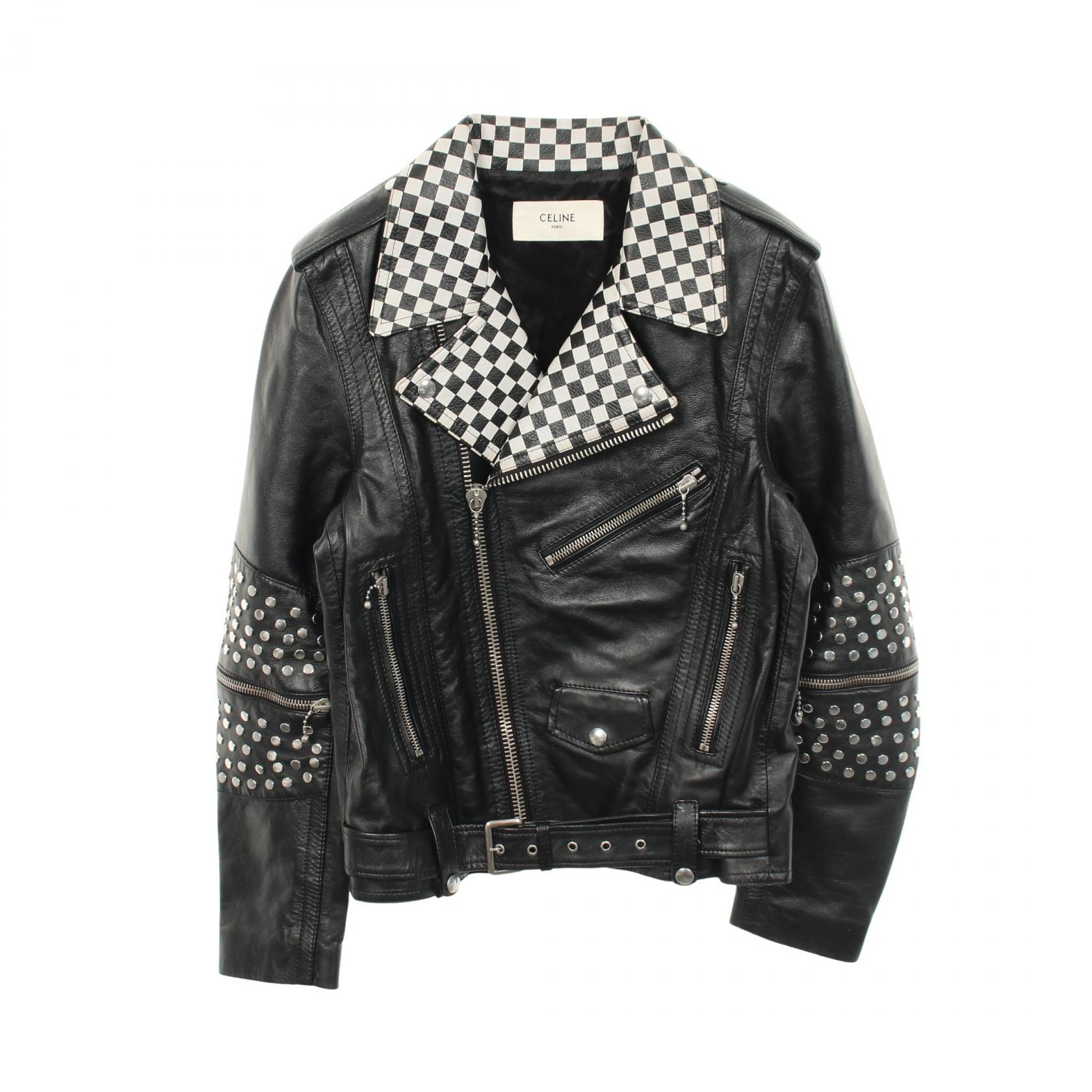セリーヌ CELINE ブロックチェック スタッズ ライダースジャケット 衣料品 アウター レザー メンズ ブラック系 / ホワイト系 / シルバー系 2E350599E 【中古】