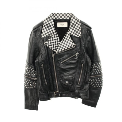 セリーヌ CELINE ブロックチェック スタッズ ライダースジャケット 衣料品 アウター レザー メンズ ブラック系 / ホワイト系 / シルバー系 2E350599E 【中古】