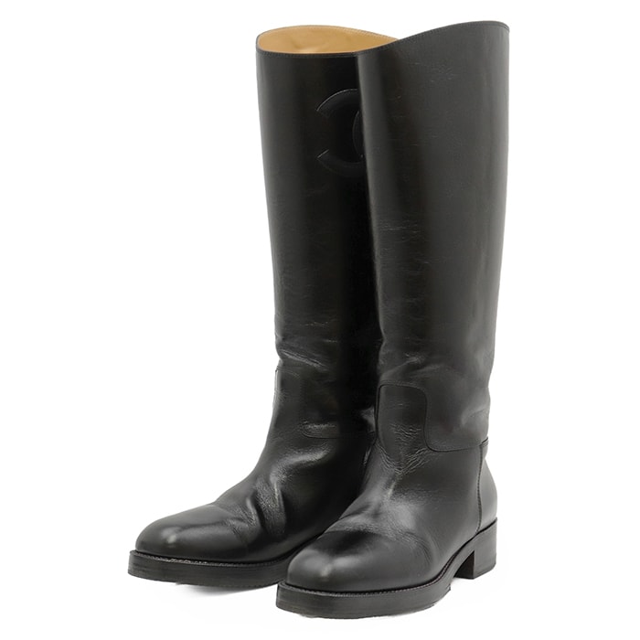 【美品】CHANEL シャネル ジョッキーブーツ サイズ 38.5C レディース G33870 サイドCOCOマーク ステッチ レザー ロング シューズ 革靴 箱付属 ブラック 黒 イタリア製