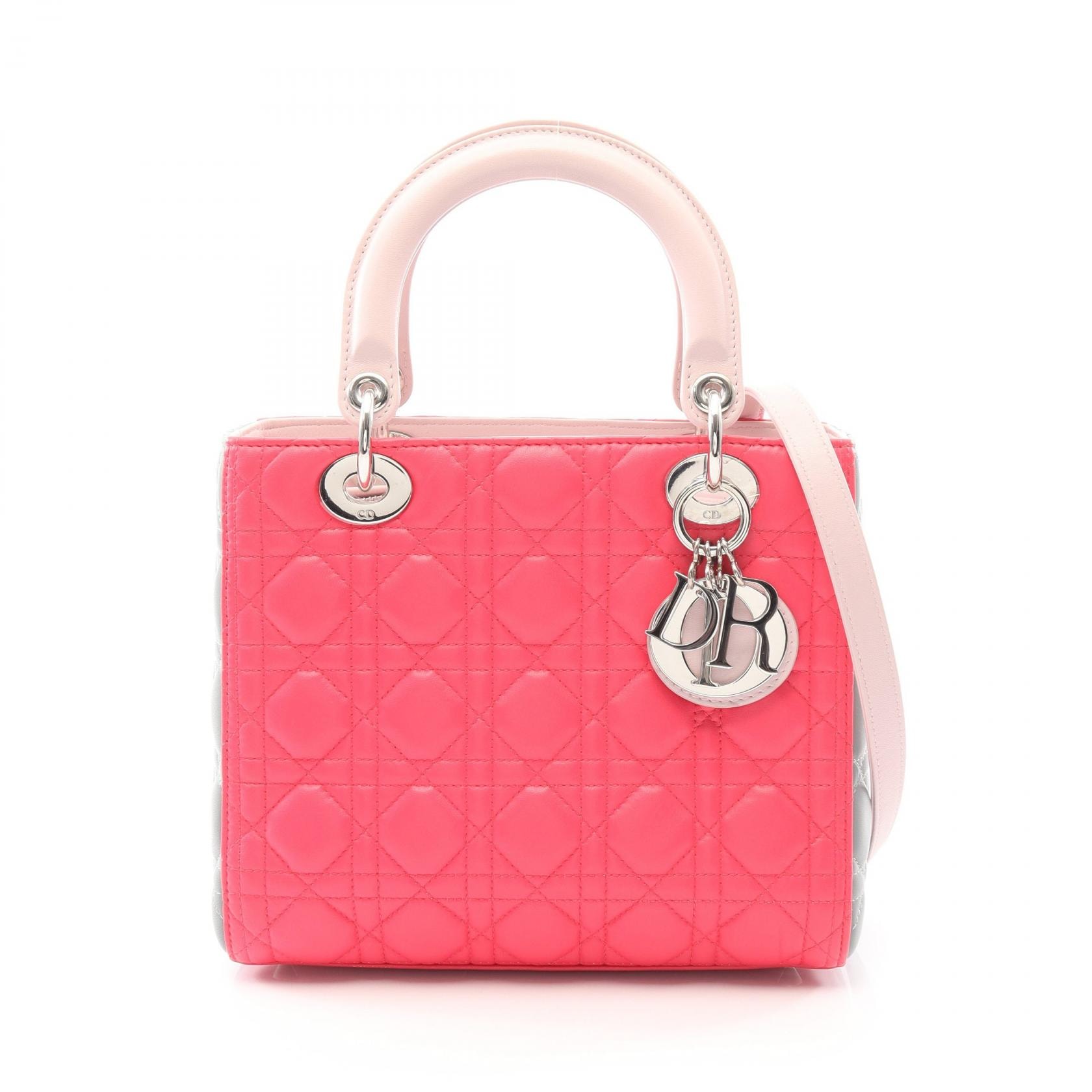 ディオール Dior LADY DIOR レディディオール カナージュ 2WAY ハンドバッグ バッグ レザー レディース ピンク系 / グレー系 【中古】