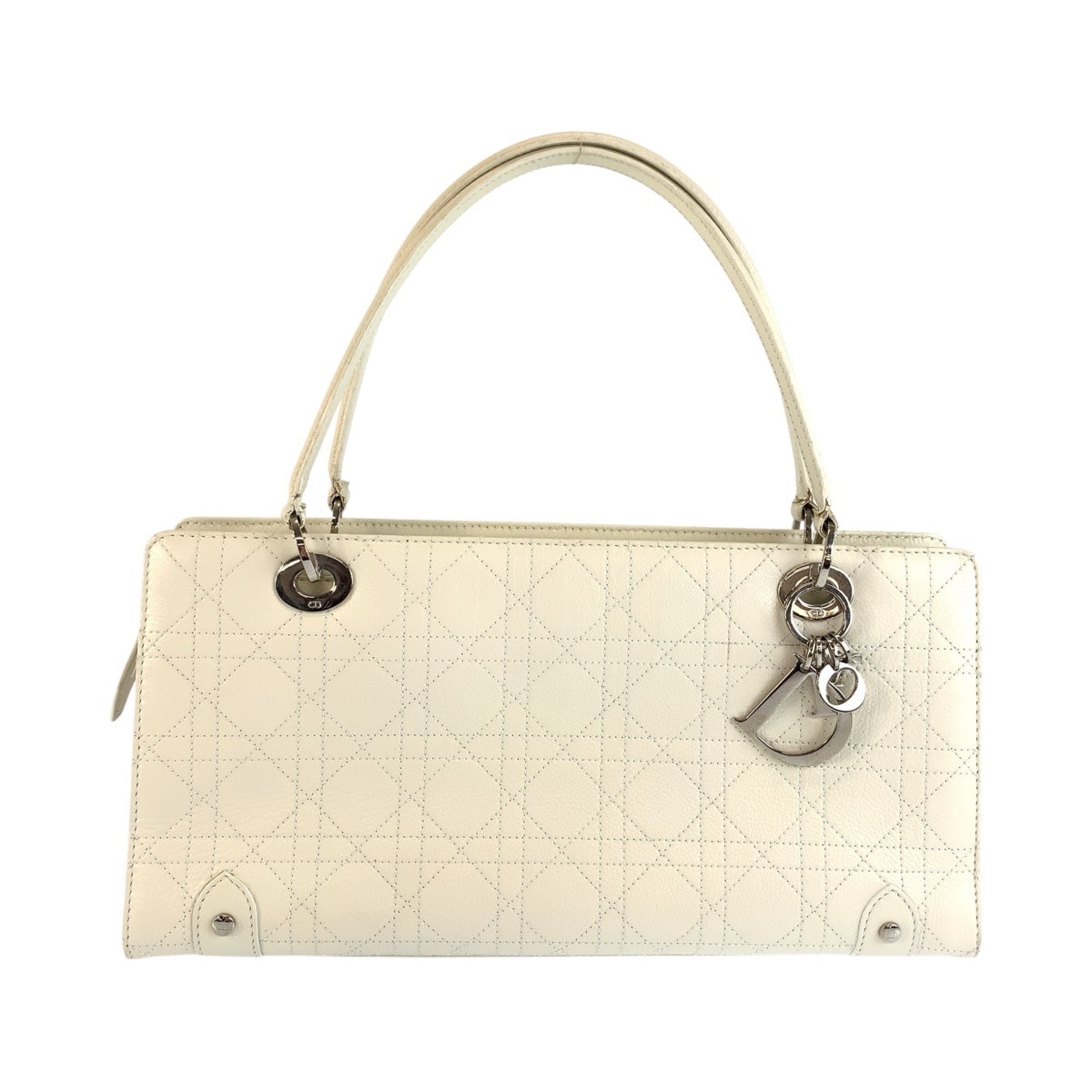 美品 Christian Dior クリスチャンディオール レディディオール カナージュステッチ ホワイト クリーム シルバー金具 レザー ハンドバッグ ショルダーバッグ 1-0291554 【中古】