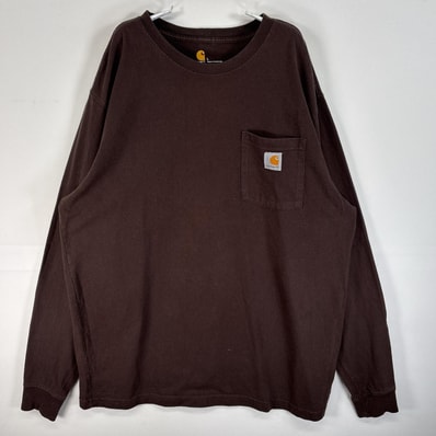 古着 カーハート Carhartt 長袖Tシャツ ワンポイント ロゴ 胸ポケ クルーネック L ブラウン 無地 メンズ