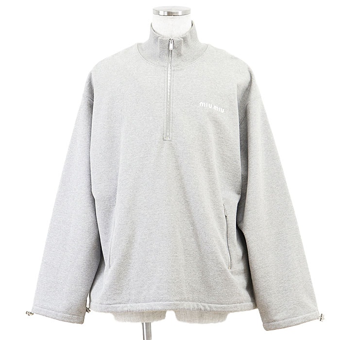 【美品】Miu Miu ミュウ ミュウ スウェット 2024年製 ハーフジップ ハイネック ロゴ エンブロイダリー 刺繍 コットン100% リラックスフィット フレンチテリー ドローコード トップス メンズ サイズ L グレー 灰色 イタリア製