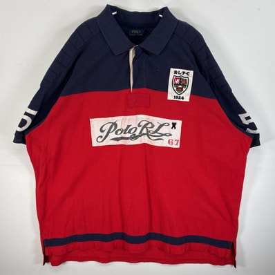 古着 ラルフローレン RALPH LAUREN 鹿の子 半袖 ラガーシャツ 2ボタン 大きいサイズ パッチロゴ 3XB BIG ネイビー系 ツートン メンズ