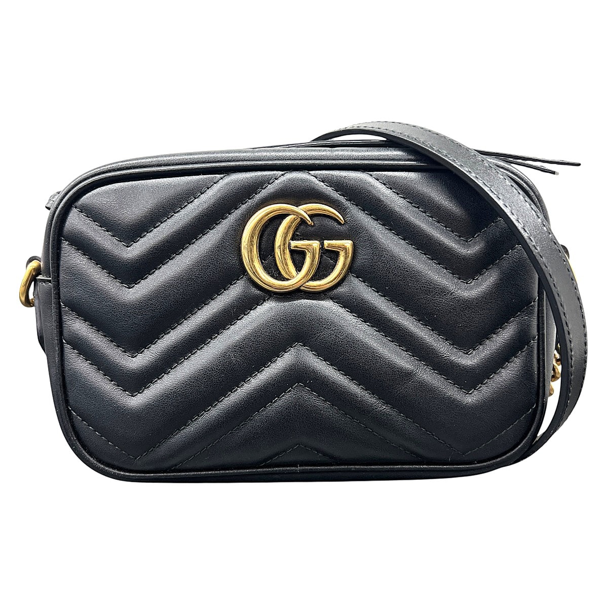 GUCCI 人気 美品 グッチ GG MARMONT GGマーモント キルティング ミニバッグ チェーン ショルダーバッグ 448065 レザー ブラック クロスボディ ポシェット ダブルG ABランク 中古 鑑定済 グッチバッグ