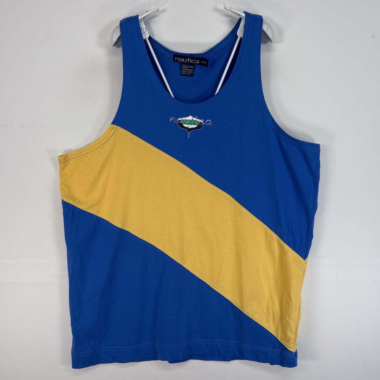 古着 90's/90年代 ノーティカ NAUTICA タンクトップ ワンポイント ロゴ 小文字タグ ノースリーブ S  ブルー ツートン メンズ
