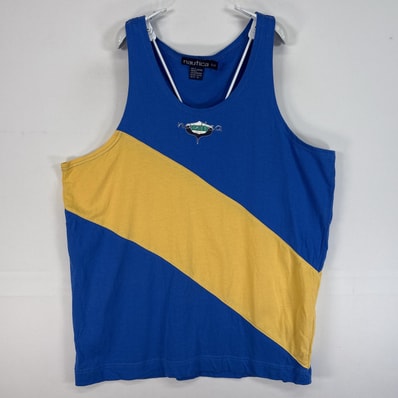 古着 90's/90年代 ノーティカ NAUTICA タンクトップ ワンポイント ロゴ 小文字タグ ノースリーブ S ブルー ツートン メンズ