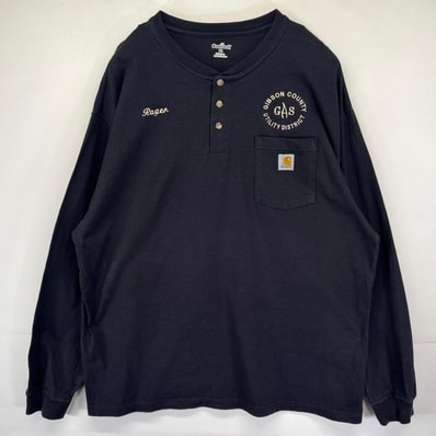 古着 カーハート Carhartt 長袖Tシャツ ヘンリーネック ロンT 胸ポケット 大きいサイズ 刺繍デザイン XL ブラック メンズ