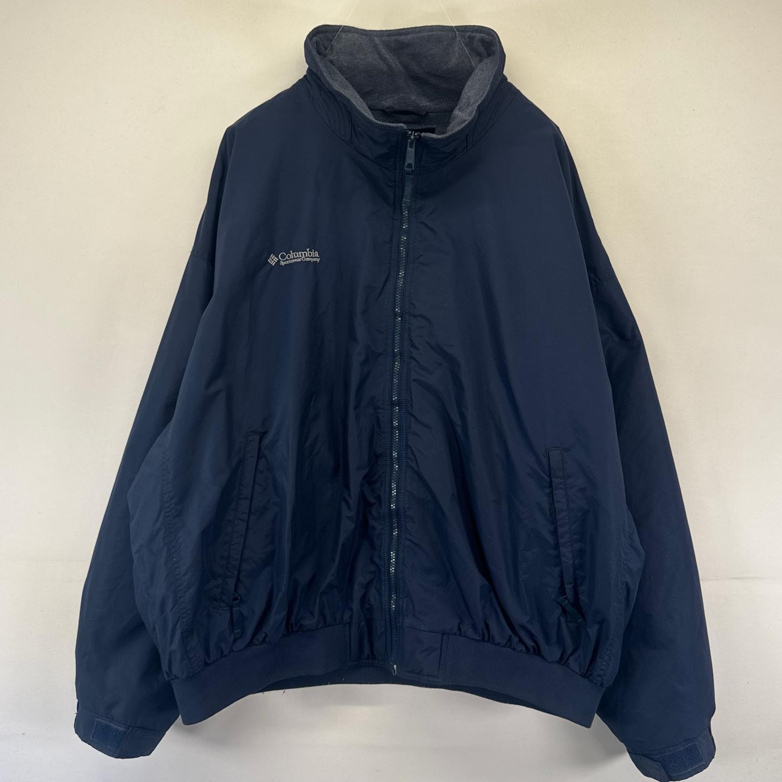 古着 コロンビア Columbia ジャケット ナイロン ウォームアップジャケット フルジップ 大きいサイズ ロゴ 2XL  ネイビー系 メンズ