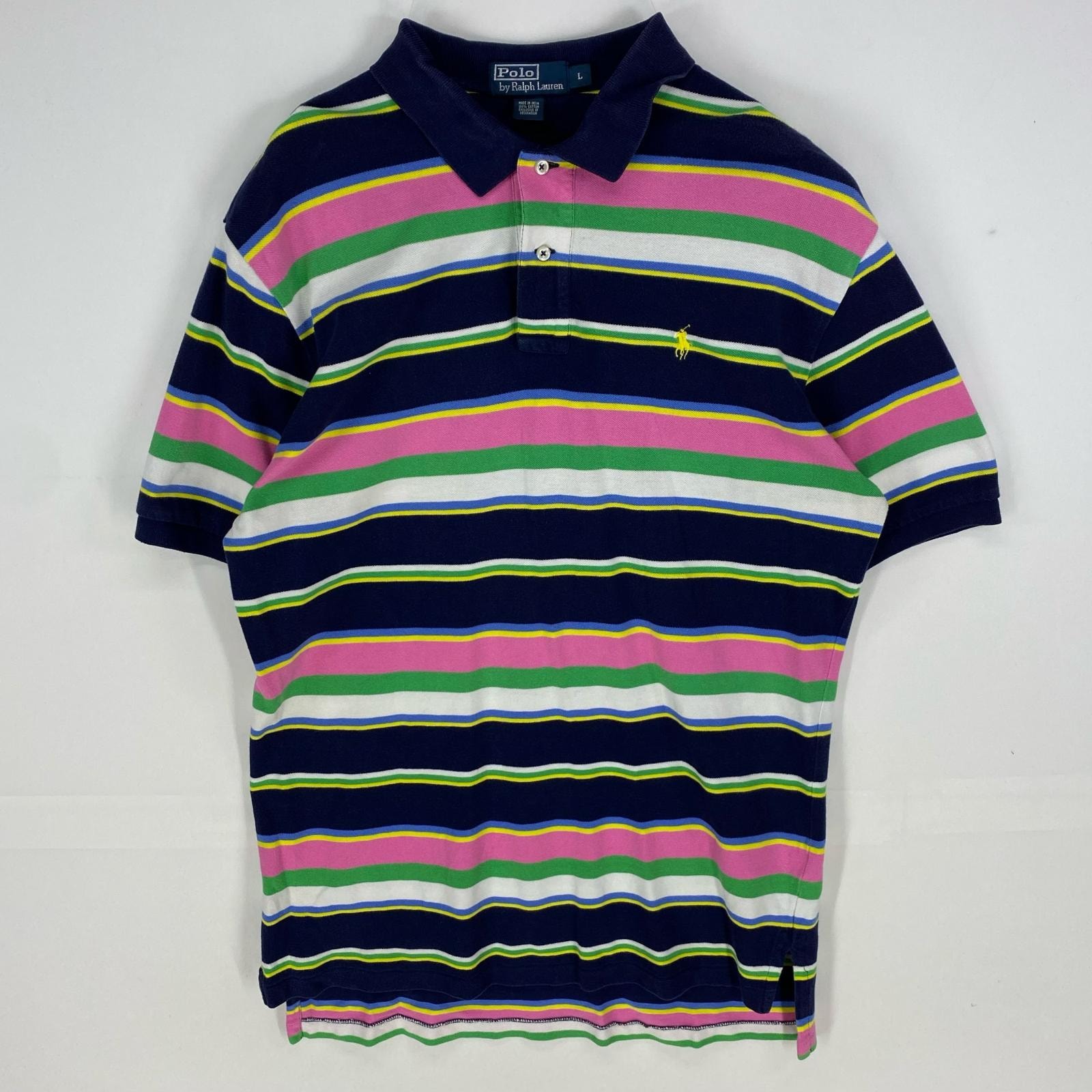 古着 ポロバイラルフローレン Polo by Ralph Lauren 半袖シャツ ワンポイントロゴ刺繍 ポロシャツ L  ピンク系 ボーダー メンズ