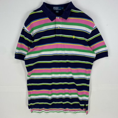古着 ポロバイラルフローレン Polo by Ralph Lauren 半袖シャツ ワンポイントロゴ刺繍 ポロシャツ L ピンク系 ボーダー メンズ