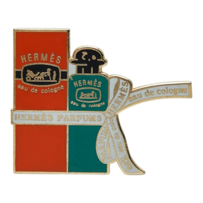エルメス リボン オーデコロン 香水 フレンチピンズ ピンブローチ オレンジ グリーン メッキ エナメル レディース HERMES 【中古】