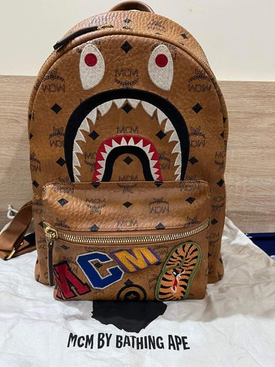 A BATHING APE / MCM Shark Stark Backpack Visetos Cognac "Brown"