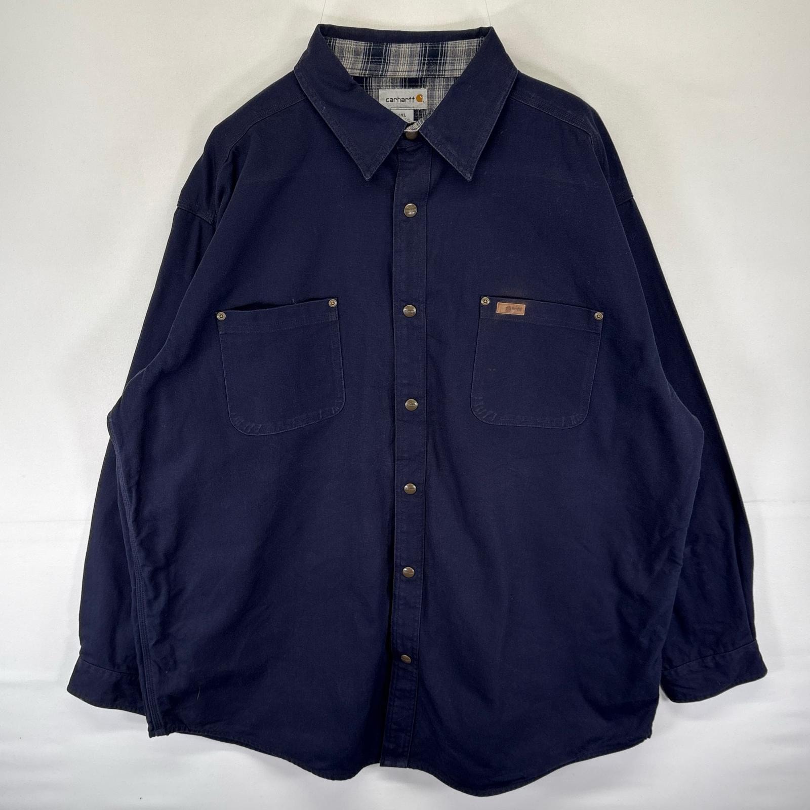 古着 カーハート Carhartt ダック 長袖シャツ ワンポイントロゴ 胸ポケット 大きいサイズ 2XL  ネイビー系 無地 メンズ