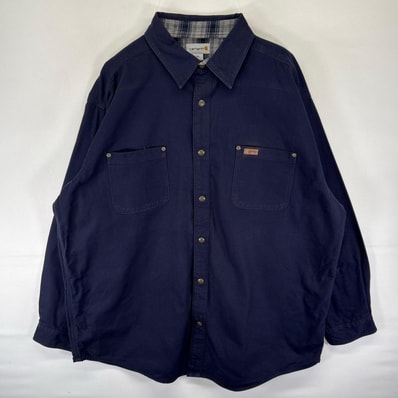 古着 カーハート Carhartt ダック 長袖シャツ ワンポイントロゴ 胸ポケット 大きいサイズ 2XL ネイビー系 無地 メンズ