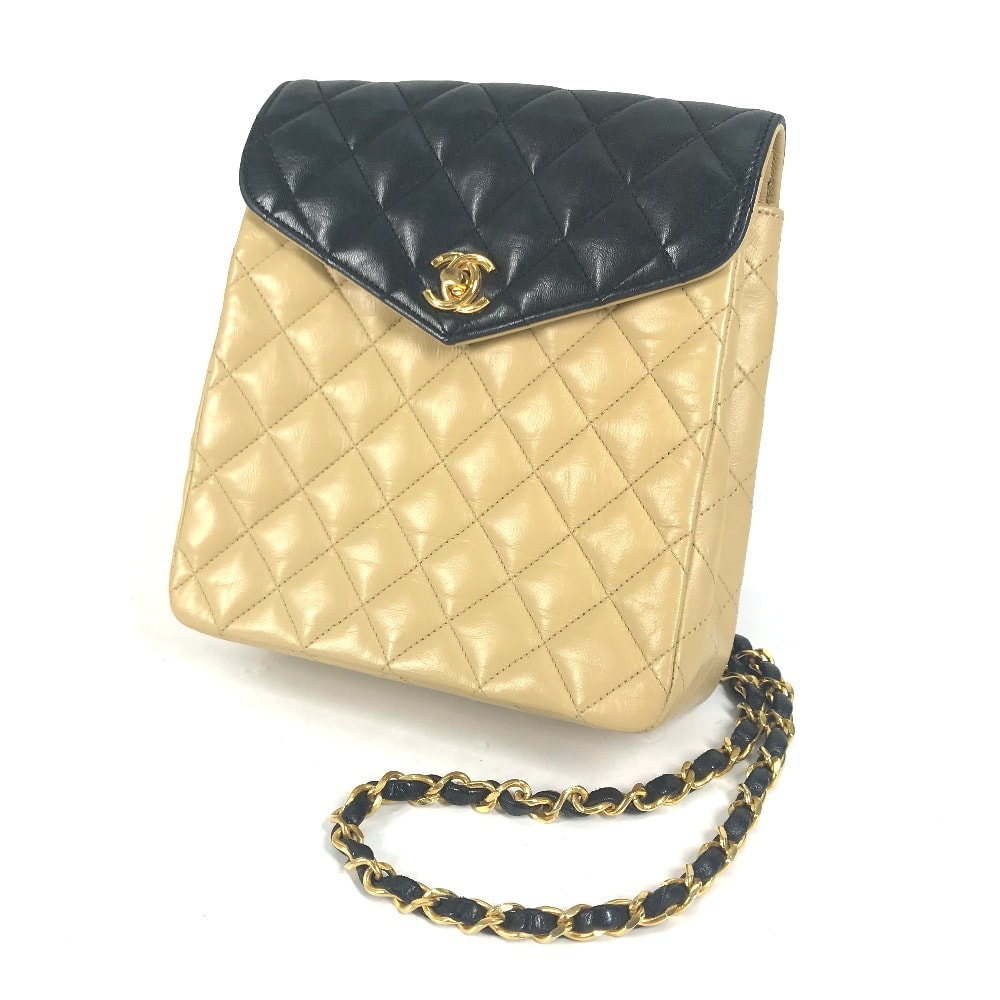 シャネル CHANEL CC ココマーク マトラッセ キルティング バイカラー チェーンバッグ 肩掛け ショルダーバッグ ラムスキン ベージュ