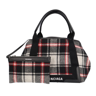 バレンシアガ タータンチェック柄 ネイビー カバス S ハンドバッグ ウール 339933 ブラック レディース BALENCIAGA 中古