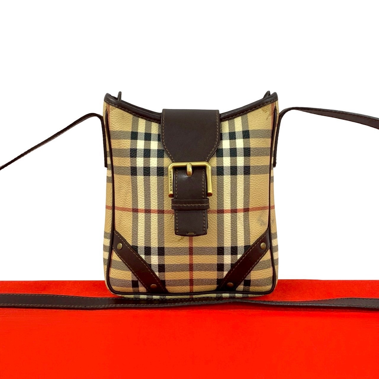 BURBERRY バーバリー ノバチェック シャドーホース レザー PVC ショルダーバッグ ブラウン
 22747