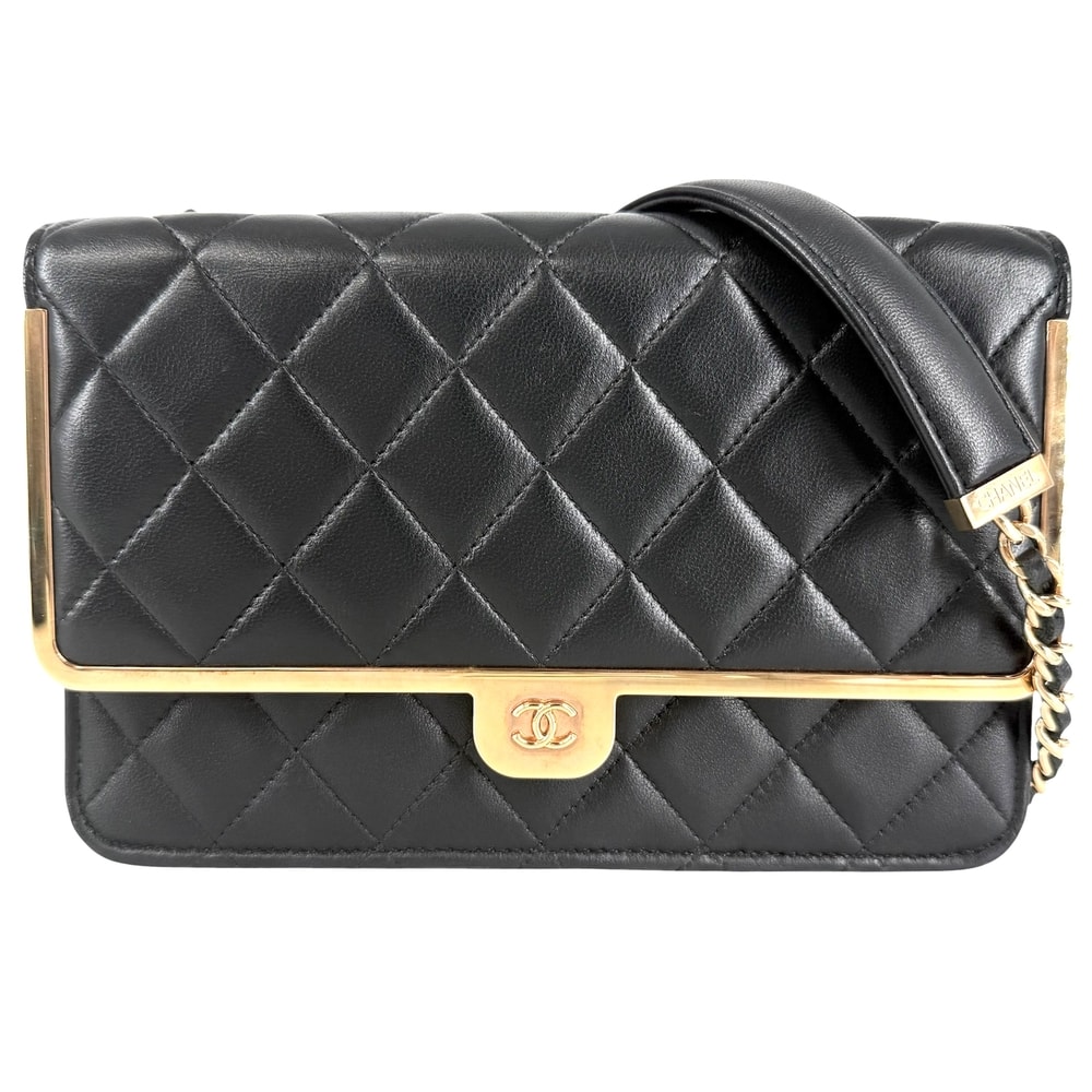 CHANEL シャネル チェーンウォレット マトラッセ ココマーク 肩掛け 斜め掛け ラムスキン    ブラック 黒 ローズゴールド金具 レディース【中古品】