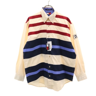 未使用 TOMMY HILFIGER トミーヒルフィガー ボーダー柄 長袖 ボタンダウンシャツ S 生成り