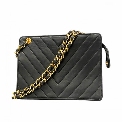 【6eb0964】シャネル ショルダーバッグ Vステッチ チェーンショルダー ラムスキン ブラック ゴールド金具【中古】レディース
