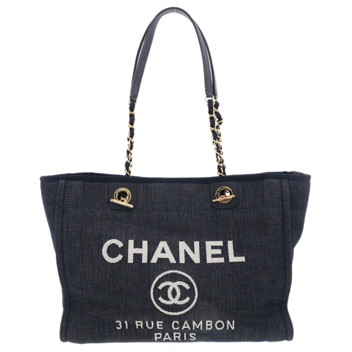 CHANEL シャネル ドーヴィル MM デニム チェーントートバッグ トートバッグ A67001 デニム ネイビー ゴールド金具 レディース【中古】