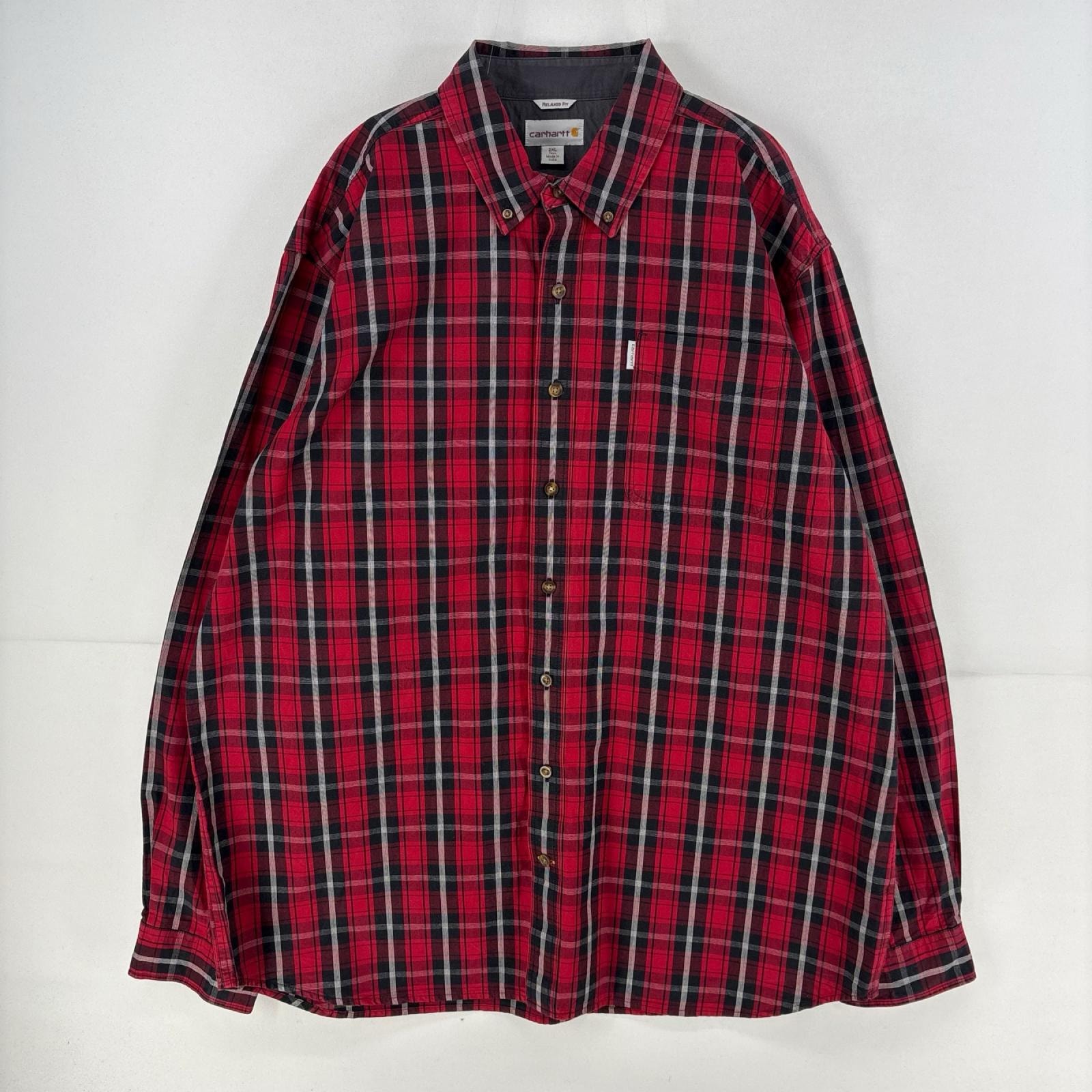 古着 カーハート Carhartt 長袖シャツ ボタンダウン ロゴ 胸ポケット 大きいサイズ 胸ポケット 2XL  レッド系 チェック メンズ