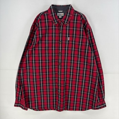 古着 カーハート Carhartt 長袖シャツ ボタンダウン ロゴ 胸ポケット 大きいサイズ 胸ポケット 2XL レッド系 チェック メンズ