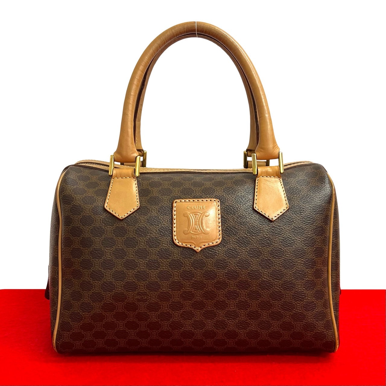 CELINE セリーヌ マカダム ブラゾン ロゴ 柄 レザー PVC ハンドバッグ ブラウン
 33078