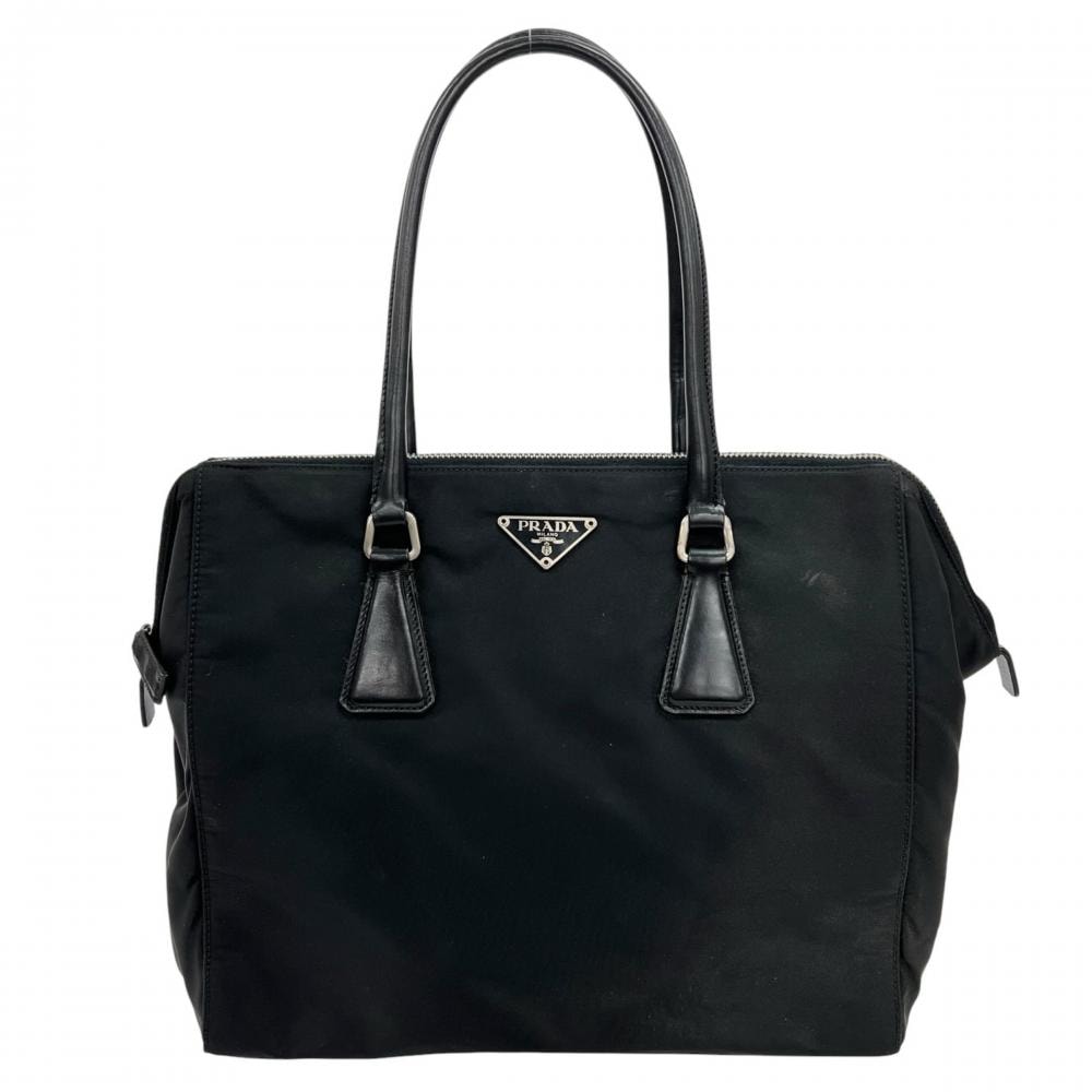 PRADA プラダ ハンドバッグ テスート 三角ロゴプレート ナイロン  レザー   ブラック 黒 シルバー金具 レディース【中古品】