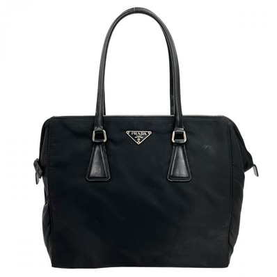 PRADA プラダ ハンドバッグ テスート 三角ロゴプレート ナイロン レザー ブラック 黒 シルバー金具 レディース【中古品】