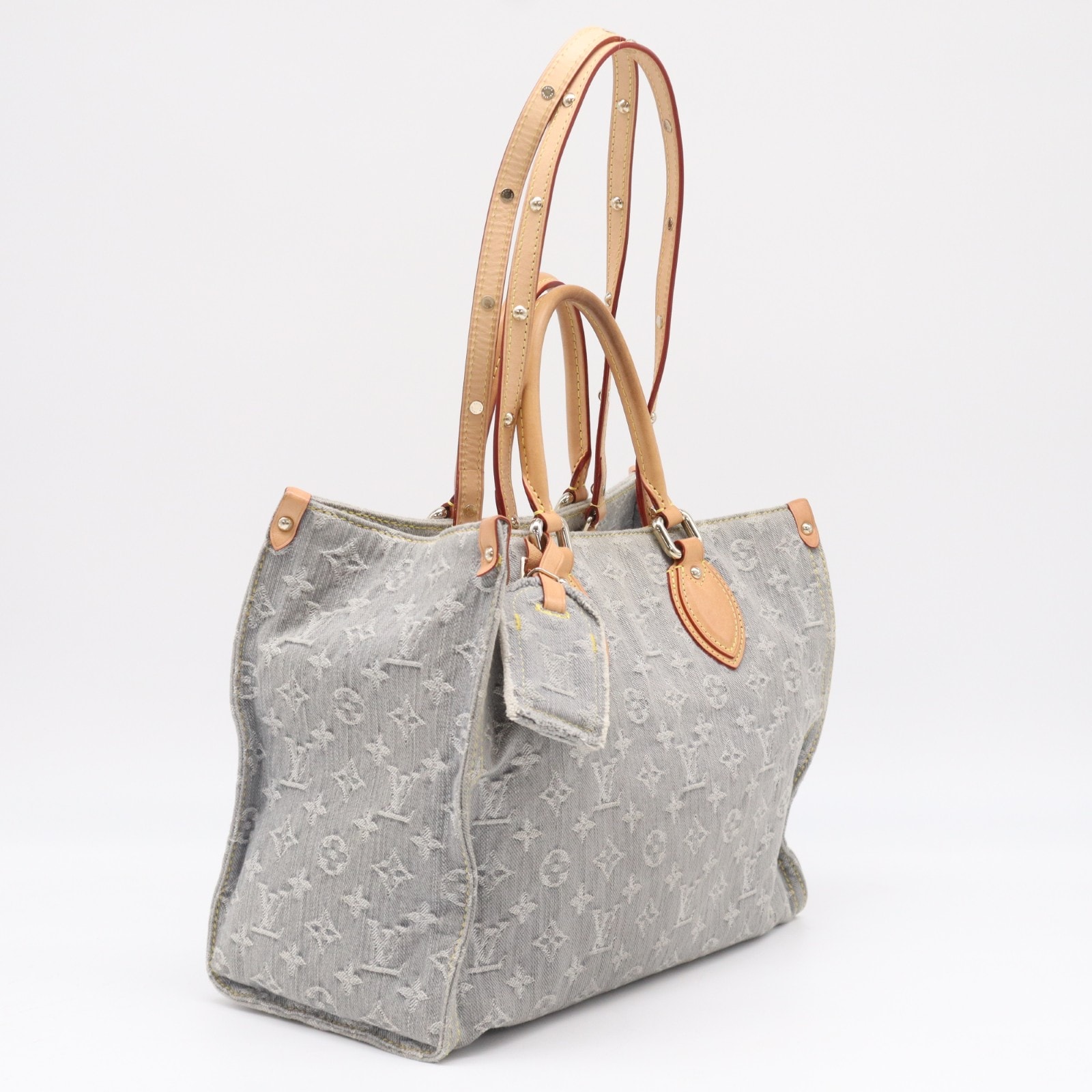 美品 LOUIS VUITTON ルイ・ヴィトン モノグラム デニム オンザゴーMM ウォッシュドグレー M13189 2wayハンドバッグ ブルー ベージュ コットン レディース
