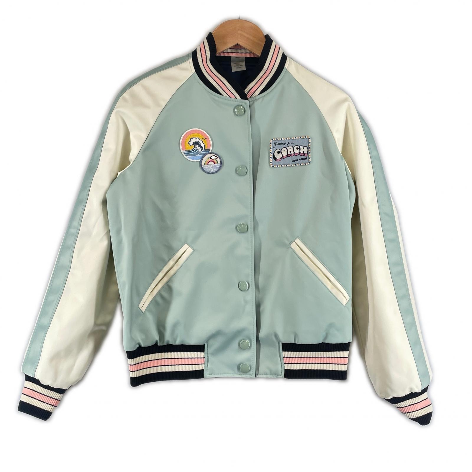 美品 COACH コーチ 刺繍 秋冬 AW スカジャン ポリエステル ブルー レディース XS リバーシブル【古着】【中古】