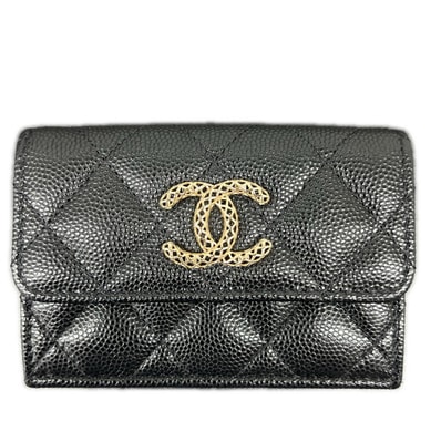 CHANEL 展示品級 美品 シャネル マトラッセ クラシック スモール フラップ ウォレット 三つ折り財布 AP3182 キャビアスキン 新型シリアルシール ブラック レザー メッシュ ココマーク SAランク 中古 鑑定済