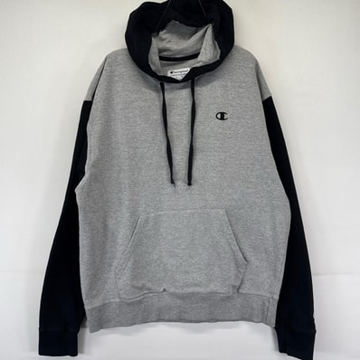 古着 チャンピオン Champion パーカー プルオーバー ワンポイント 刺繍ロゴ スウェット L グレー系 ツートン メンズ