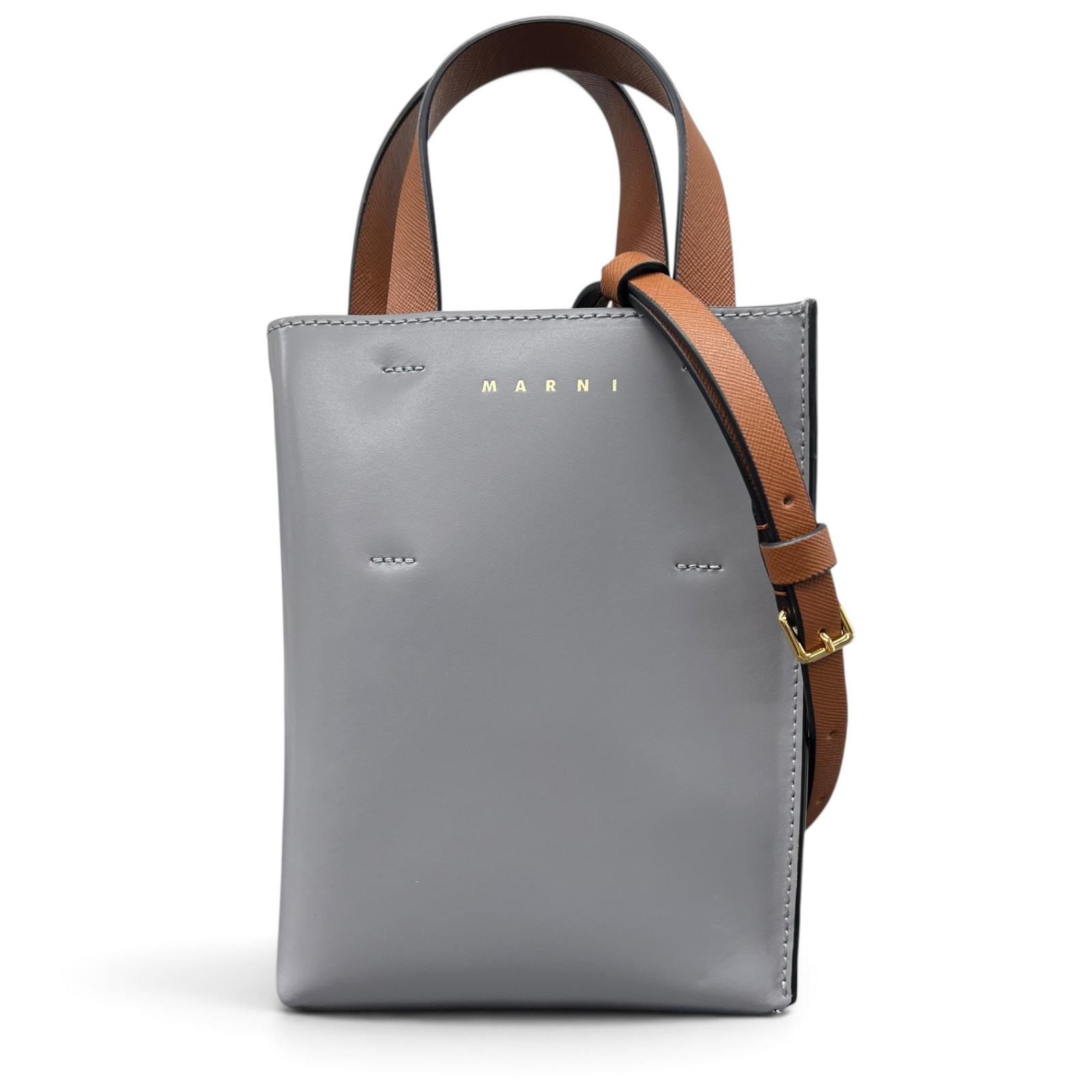 MARNI 極美品 マルニ MUSEO ミュゼオ ナノ 2way トートバッグ SHMP0050 レザー グレー パープル ブラウン ハンドバッグ ショルダーバッグ クロスボディ Aランク 鑑定済 中古 マルニバッグ