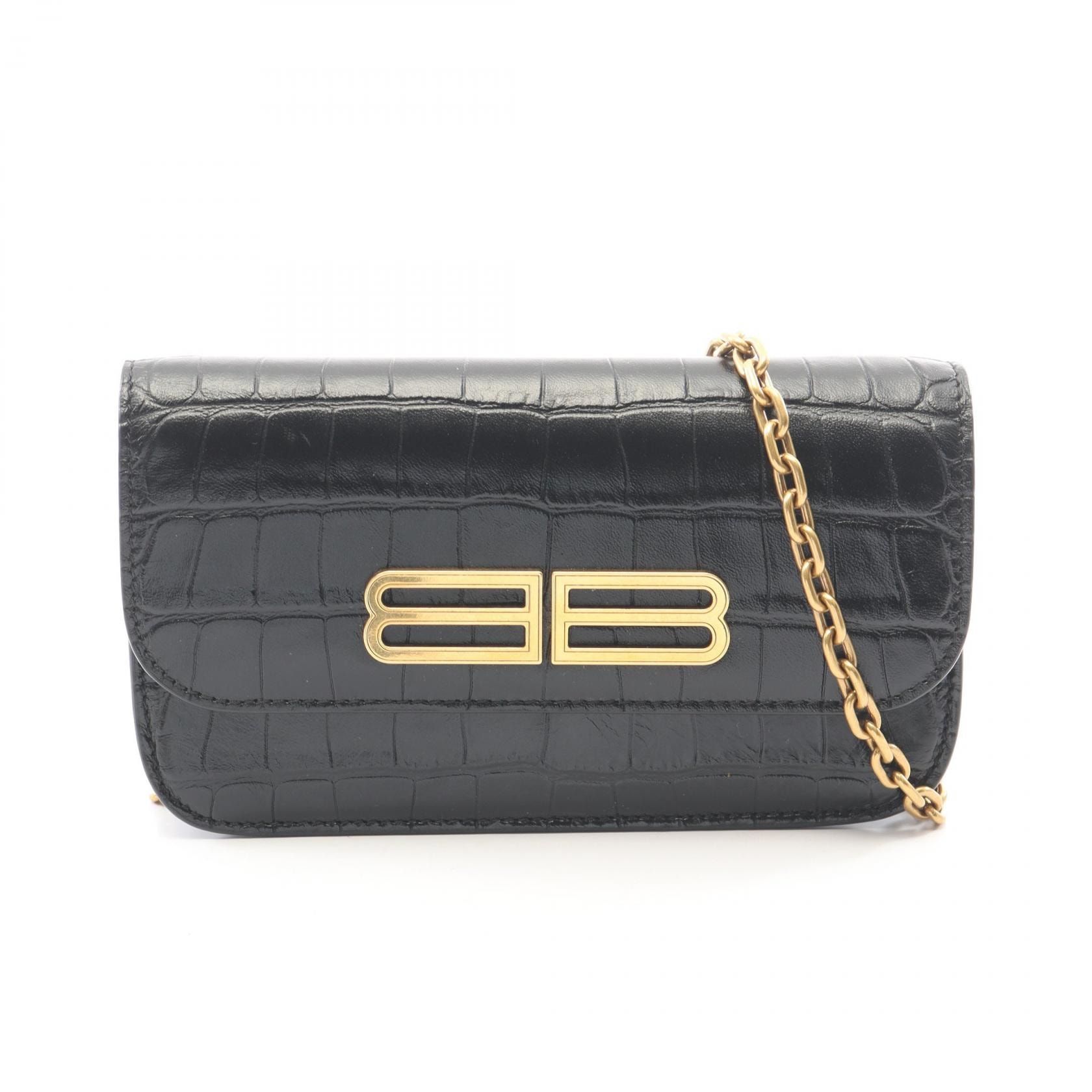 バレンシアガ BALENCIAGA ゴシップ クロコ型押し ショルダーバッグ バッグ レザー レディース ブラック系 【中古】