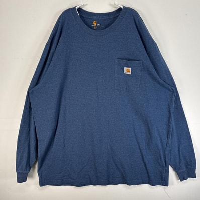 古着 カーハート Carhartt 長袖Tシャツ 肉厚 大きいサイズ 胸ポケ ワンポイント ロゴ 2XL ブルー系 無地 メンズ