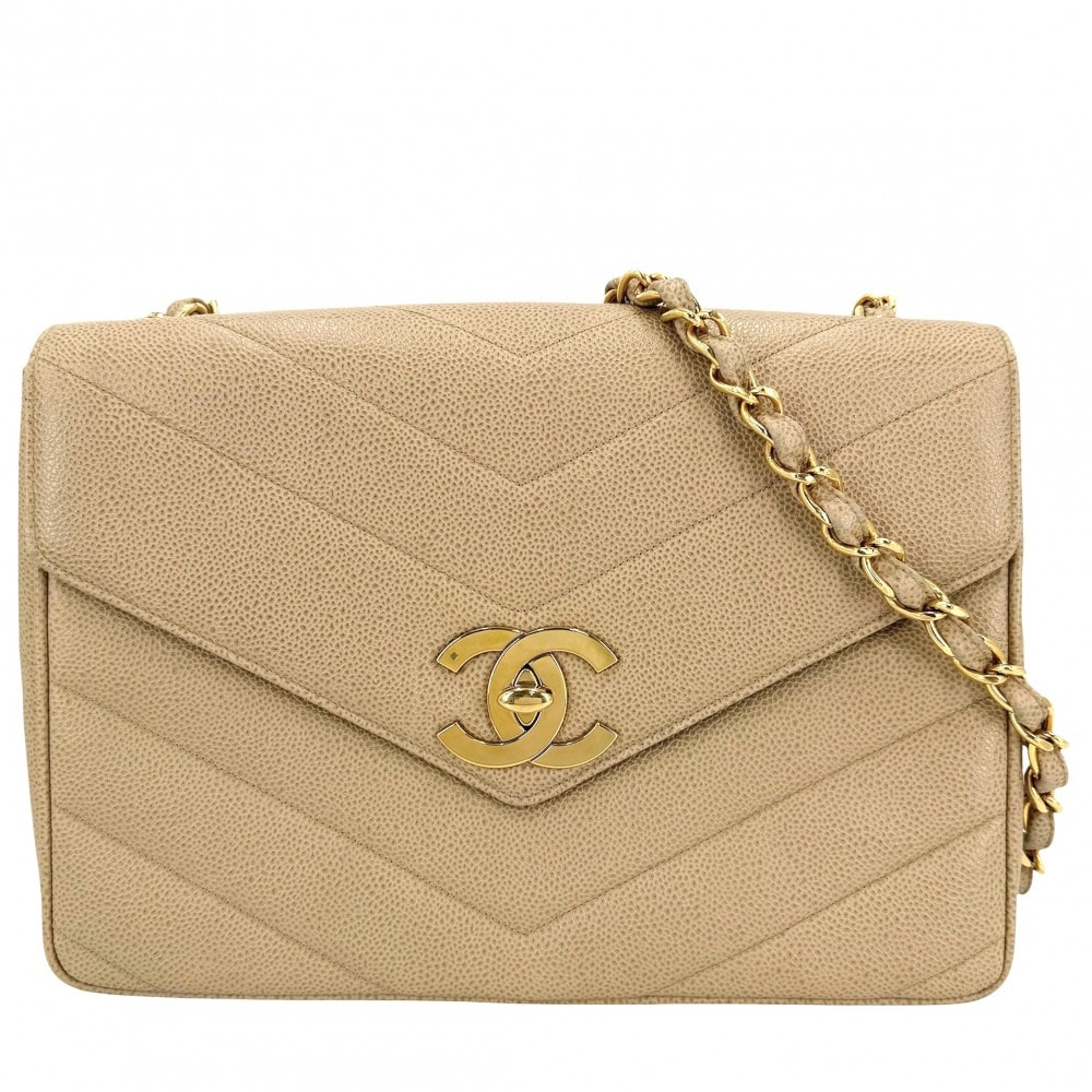 CHANEL シャネル ショルダーバッグ ココマーク ターンロック 肩掛け 斜め掛け Vステッチ シェブロン  キャビアスキン   ベージュ ゴールド金具 レディース【中古品】