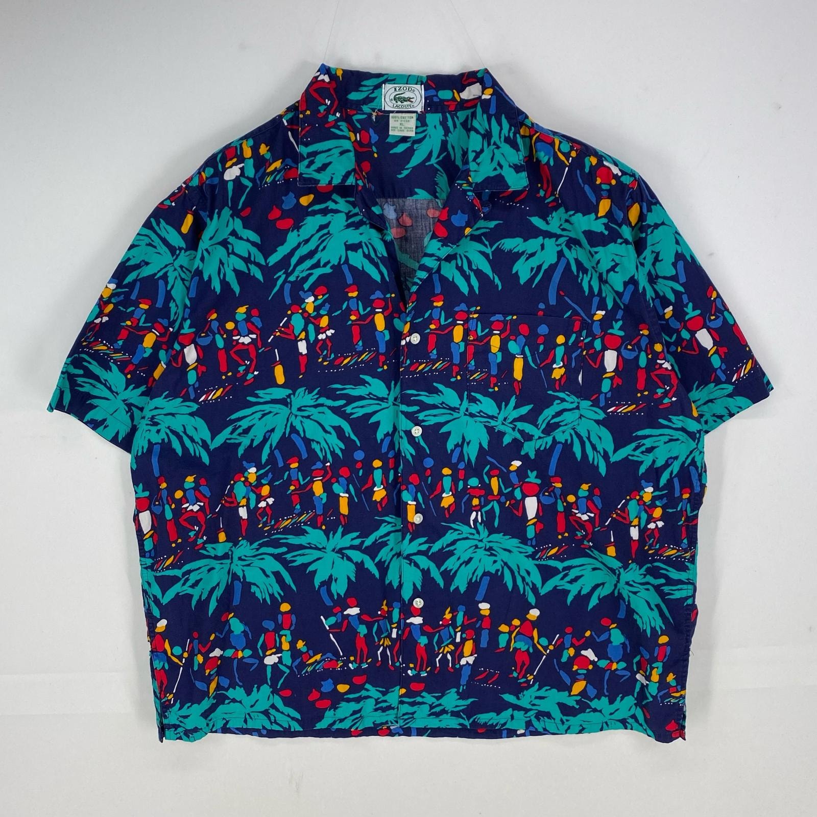 古着 80's/80年代 ヴィンテージ ラコステ LACOSTE 半袖シャツ ハワイアン 胸ポケット オープンカラー XL  ブルー系 総柄 メンズ