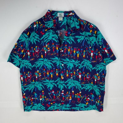 古着 80's/80年代 ヴィンテージ ラコステ LACOSTE 半袖シャツ ハワイアン 胸ポケット オープンカラー XL ブルー系 総柄 メンズ