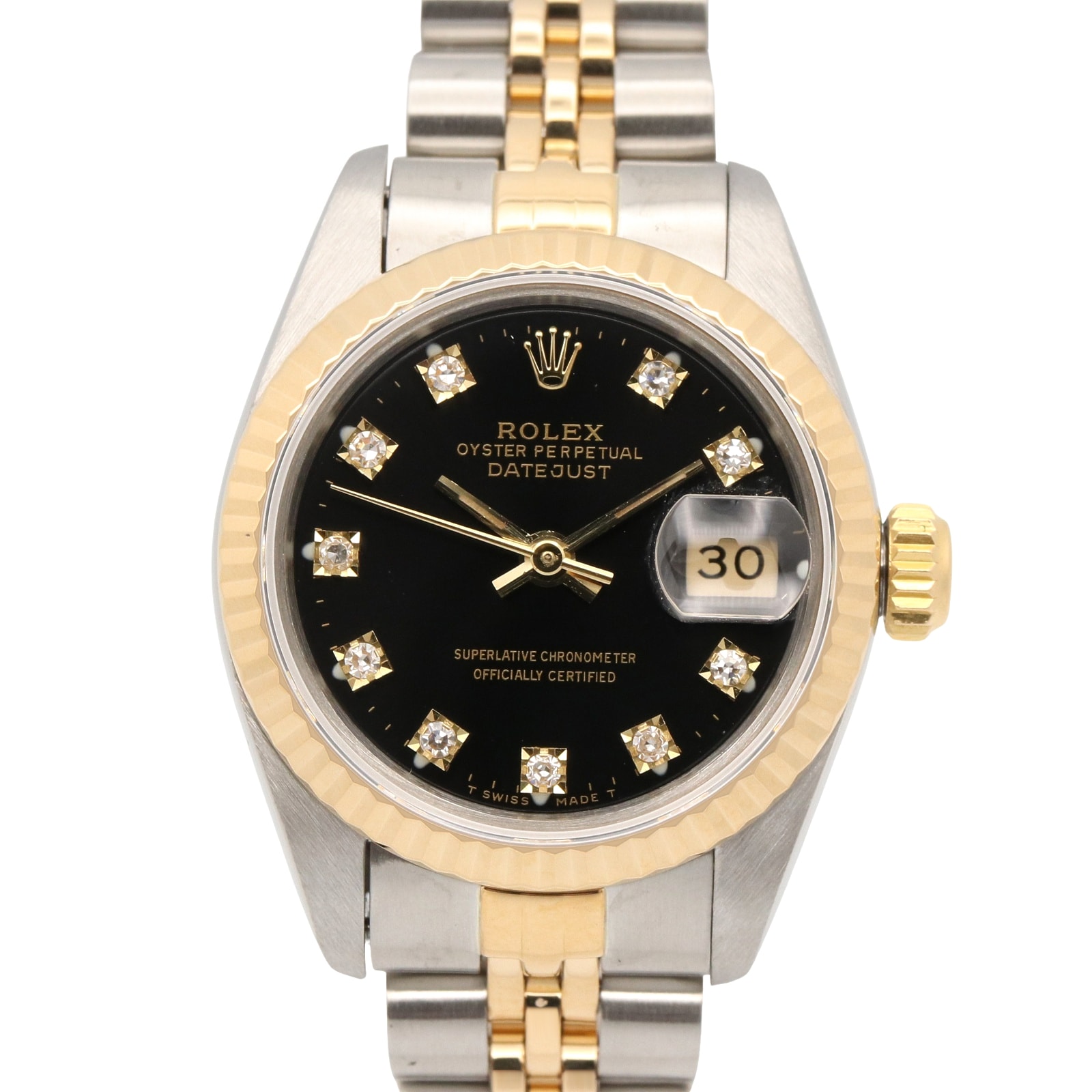 ロレックス ROLEX デイトジャスト 10Pダイヤ E番 腕時計 時計 K18(イエローゴールド) ステンレススチール ダイヤモンド レディース ブラック系 旧ダイヤ 69173G 【中古】