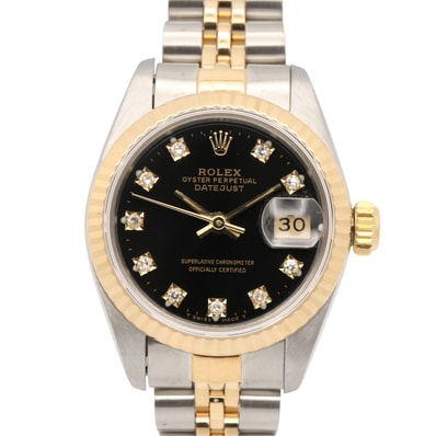 ロレックス ROLEX デイトジャスト 10Pダイヤ E番 腕時計 時計 K18(イエローゴールド) ステンレススチール ダイヤモンド レディース ブラック系 旧ダイヤ 69173G 【中古】