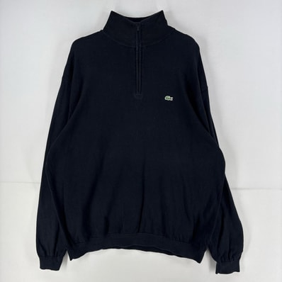古着 ラコステ LACOSTE ニット ハーフジップ ロゴ プルオーバー ワンポイント セーター トレーナー 8 ブラック 無地 メンズ