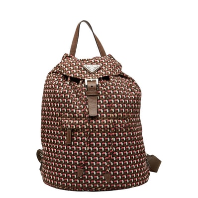 プラダ 三角ロゴプレート リュック バックパック BZ0032 ブラウン ピンク ナイロン レザー レディース PRADA 【中古】