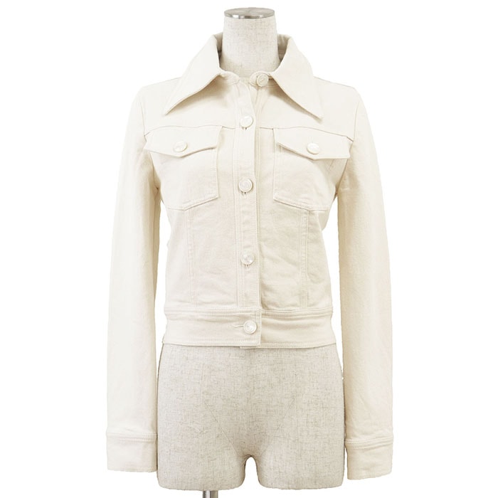 【美品】GUCCI グッチ デニムジャケット Gジャン GG ロゴ インターロッキング ボタン 背面パッチ ネップ ストレッチ ショートレングス アウター ハンガー付属 レディース サイズ 38 アイボリー イタリア製