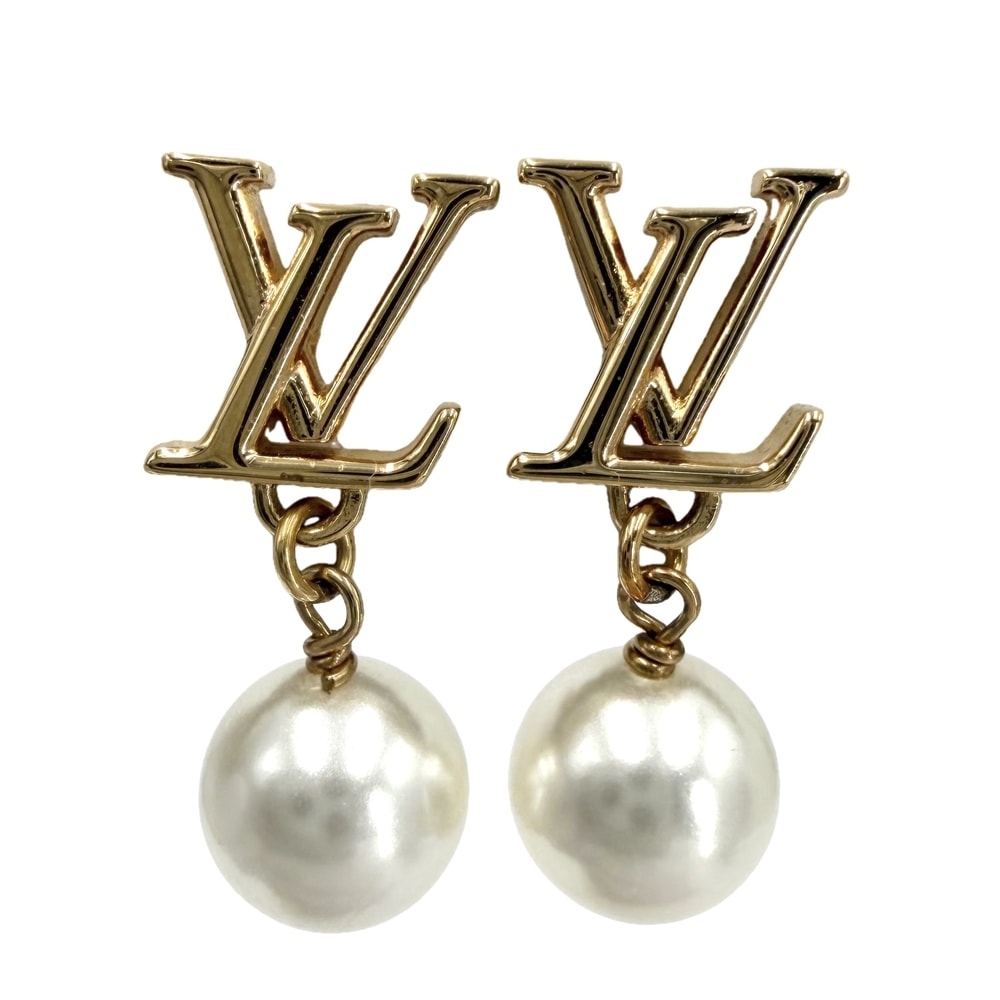 LOUIS VUITTON ルイヴィトン ピアス LV アイコニック アクセサリー フェイクパール    M01585 ゴールド ホワイト 白 レディース 約2.8g【中古品】