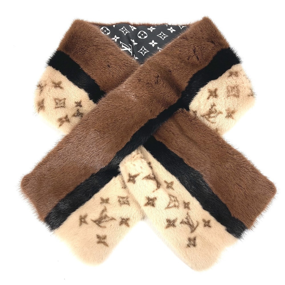 ルイヴィトン LOUIS VUITTON エシャルプ ルイ イン ザ ウィンター M76165 モノグラム ショール ストール ティペット マフラー ミンク ブラウン 美品