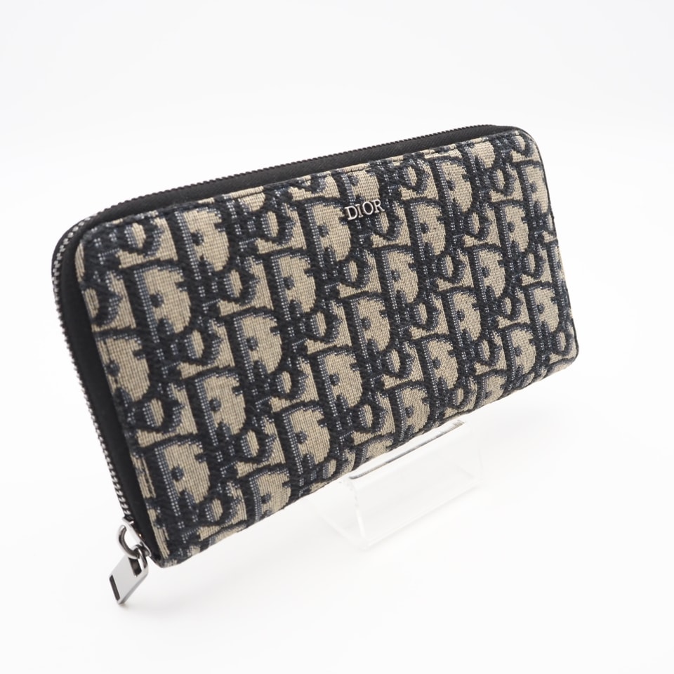 美品 Dior ディオール オブリーク ジャカード ロングジップウォレット 2ESBC252YSE 長財布 ネイビー グレー レザー キャンバス メンズ
