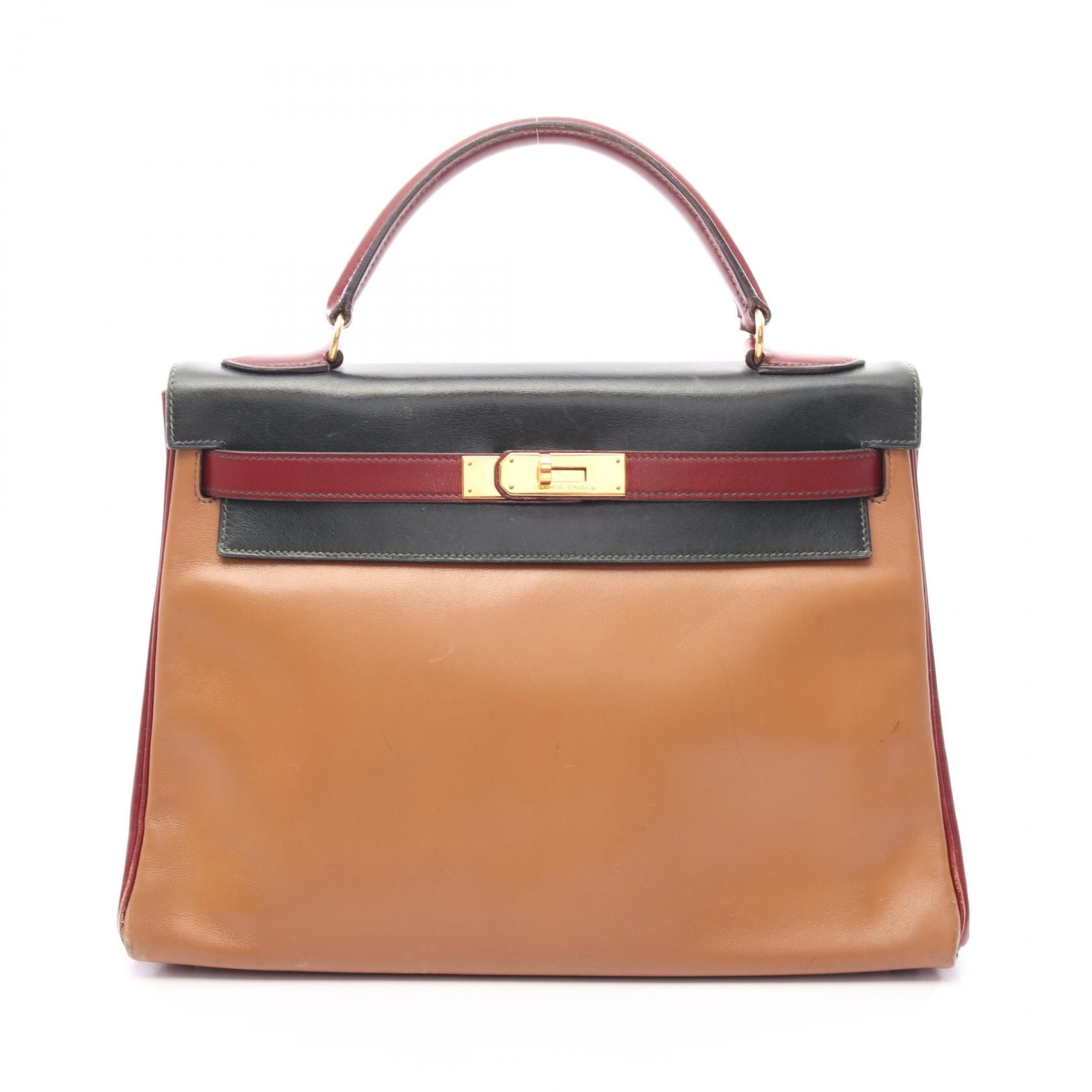 エルメス HERMES ケリー32 トリコロール ナチュラル ルージュアッシュ 内縫い 2WAY ハンドバッグ バッグ カーフ(牛革) ボックスカーフ ボルドー ○V刻印(1992年製造) レディース ブラウン系 / グリーン系 / ボルドー系 【中古】